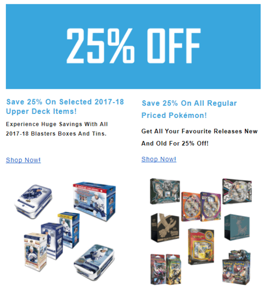 Save 25% off pokemon yugioh accessories and hockey!